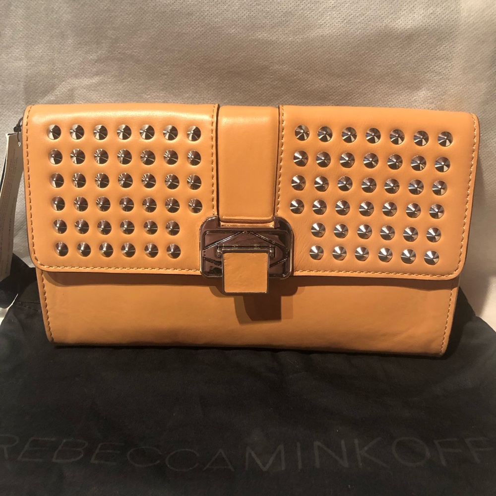 NWT Gorgeous Rebecca Minkoff Coco Brown Silver Studded Leather Clutch w/ dustbag